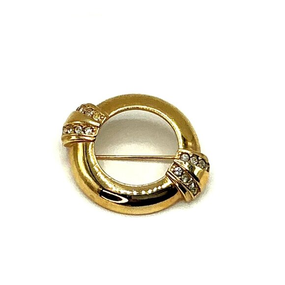 Gold-Tone Circular Brooch Pin With Rhinestone Accents by Avon - Picture 1 of 5